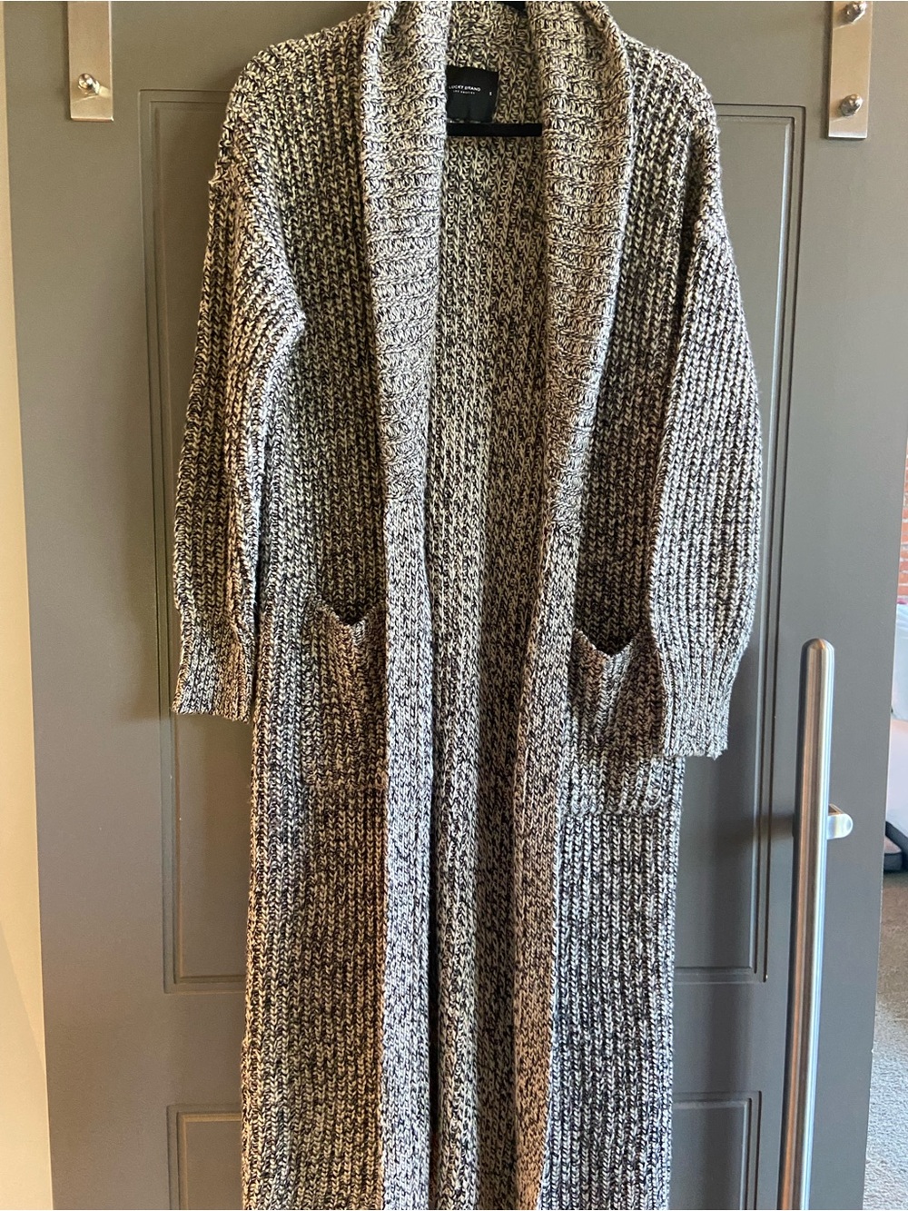Lucky Brand Long Marled Knit Open-Front Cardigan - Gray/Cream